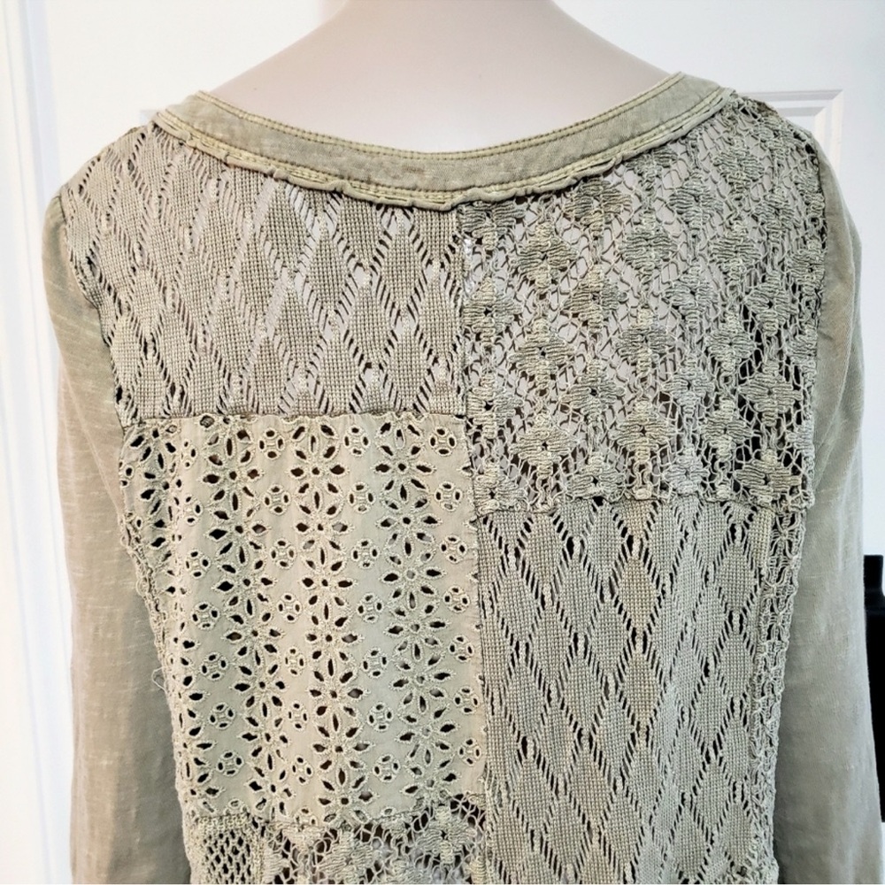 Free People Patchwork Lace Henley Olive Khaki Small cotton top - Picture 3 of 8